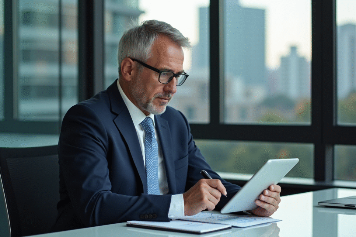 Homme d'affaires en costume analysant des données sur une tablette