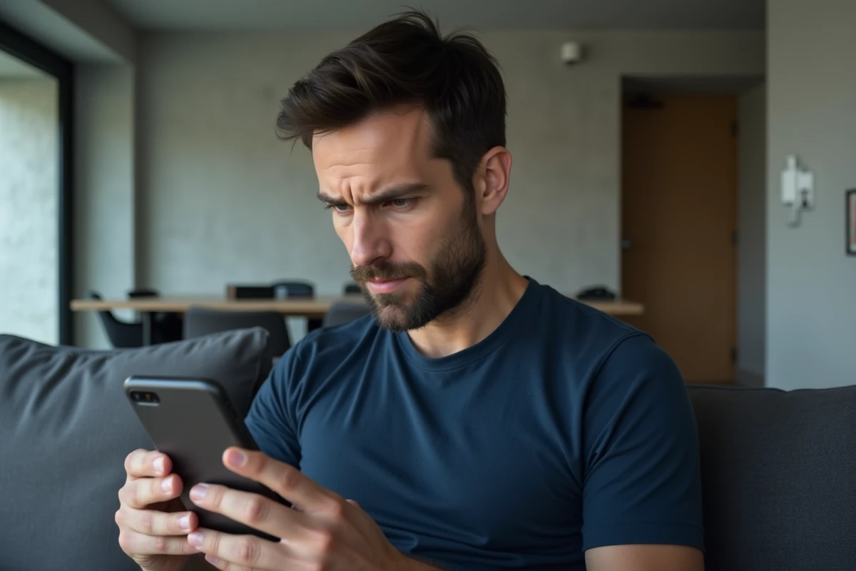 Homme analysant la fiabilité d'une plateforme de partage de contenus amateurs sur smartphone