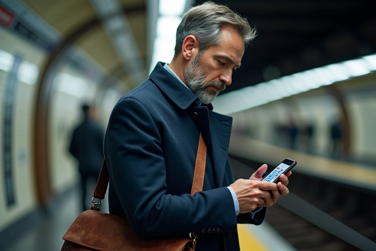 Homme d'affaires consultant une application solveur de lettres sur son smartphone dans le métro