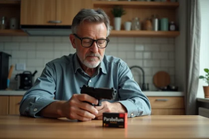 Homme d'âge moyen examinant un pistolet compact et des cartouches