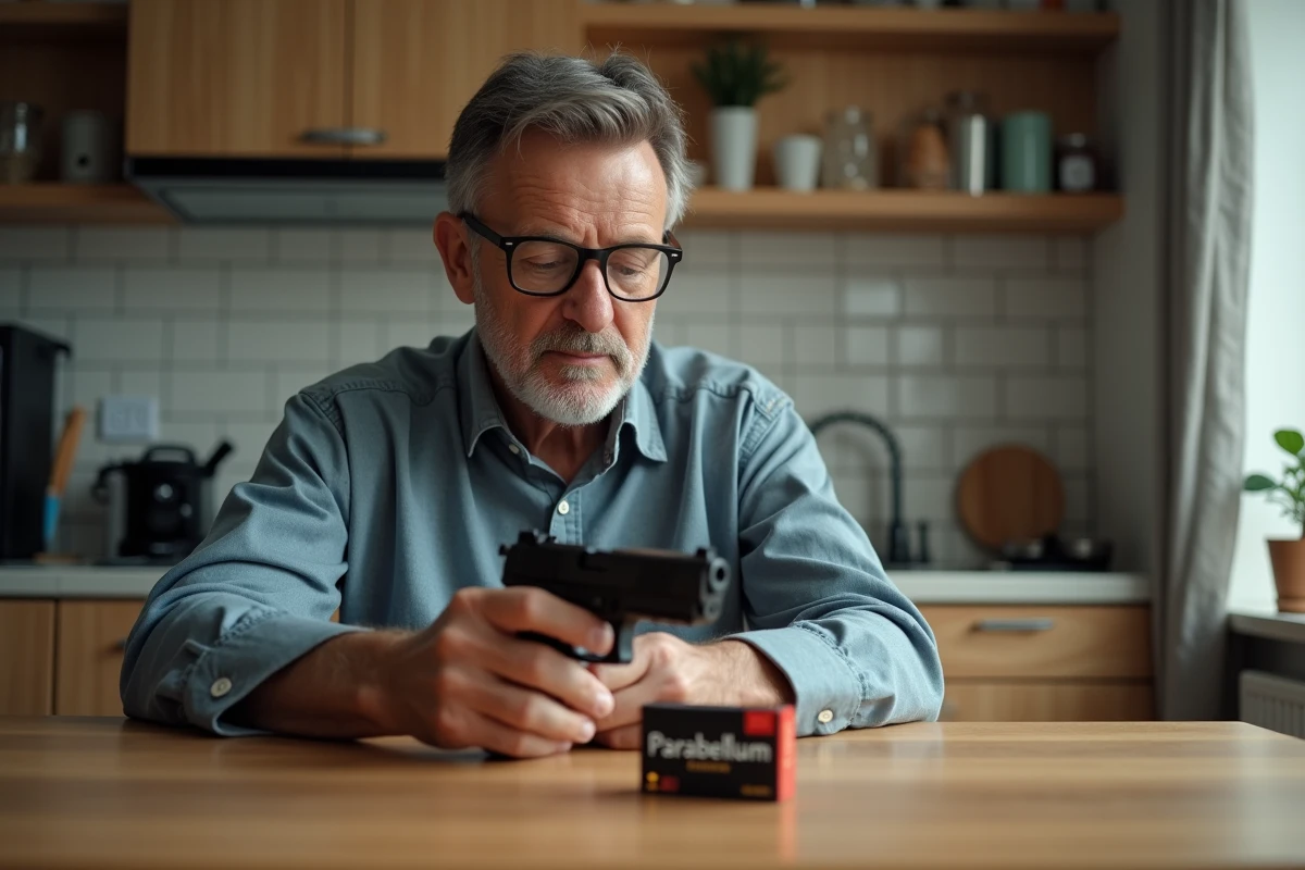 Homme d'âge moyen examinant un pistolet compact et des cartouches