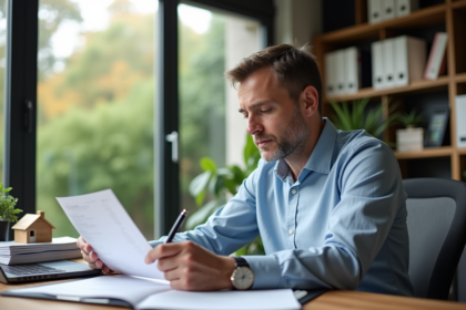 Homme d'âge moyen dans un bureau à domicile en train de revoir des documents