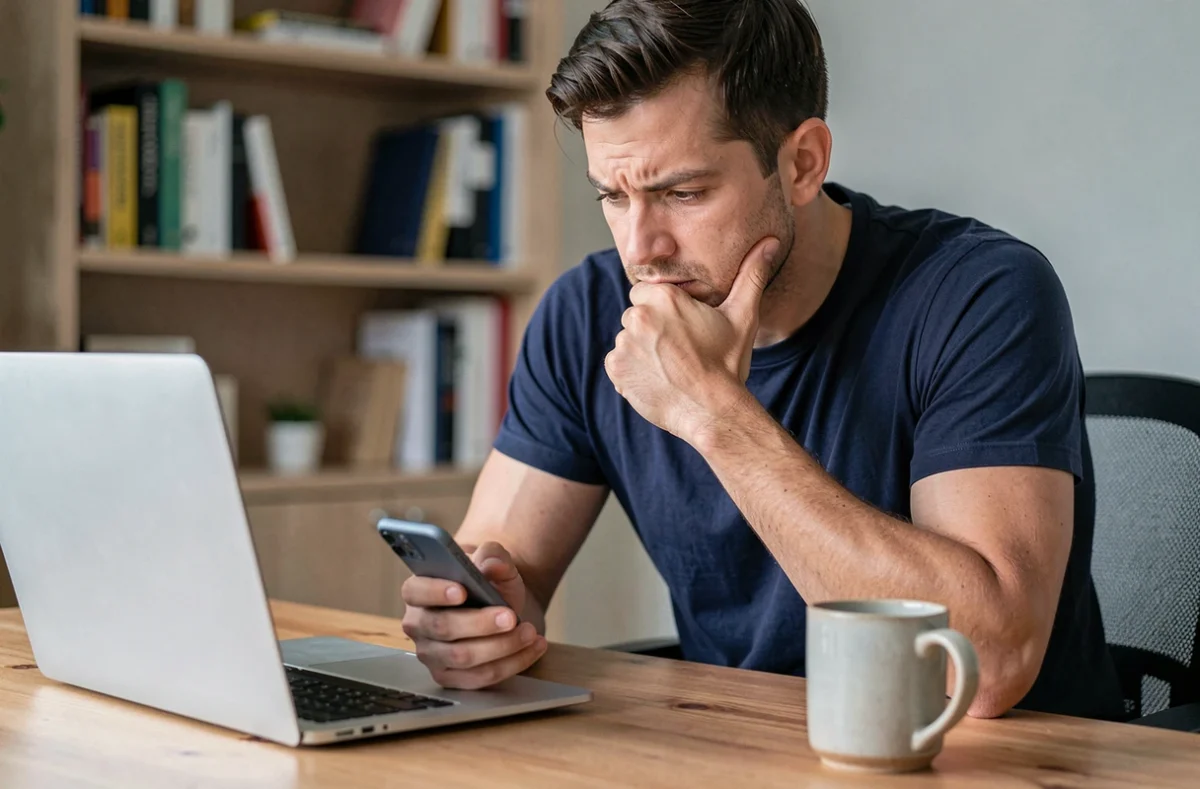 Homme consultant son smartphone sur un bureau en bois à la recherche d'astuces Monopoly GO pour obtenir des dés sans lien quotidien