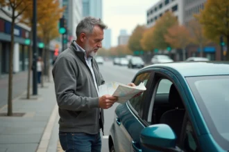 Homme d'âge moyen examinant une carte dans une ville