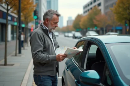 Homme d'âge moyen examinant une carte dans une ville
