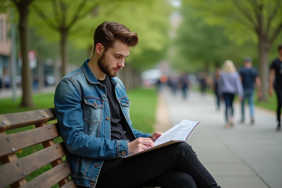 Chanteur masculin regardant une liste dans un parc