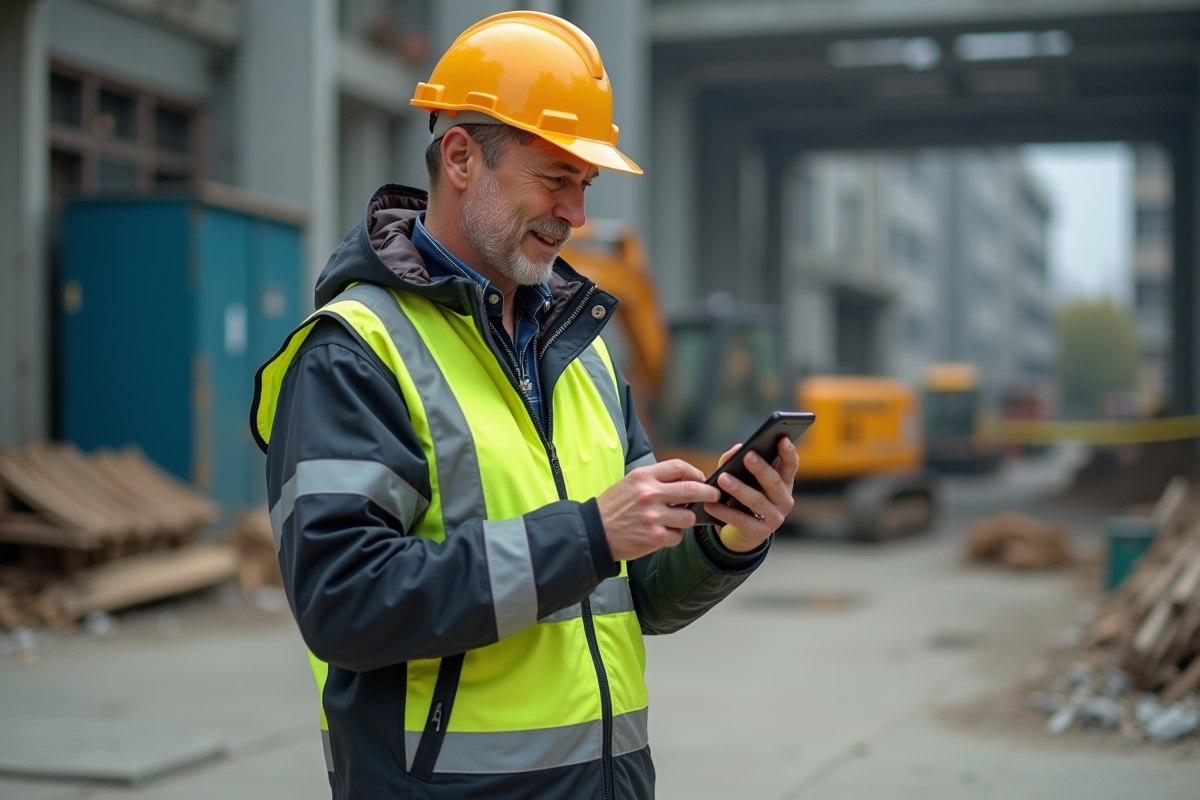 Homme en vêtements de chantier examine un site de construction