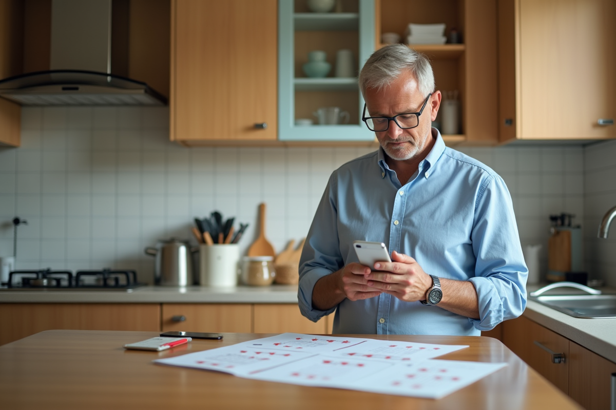 Homme vérifiant son emploi du temps dans la cuisine