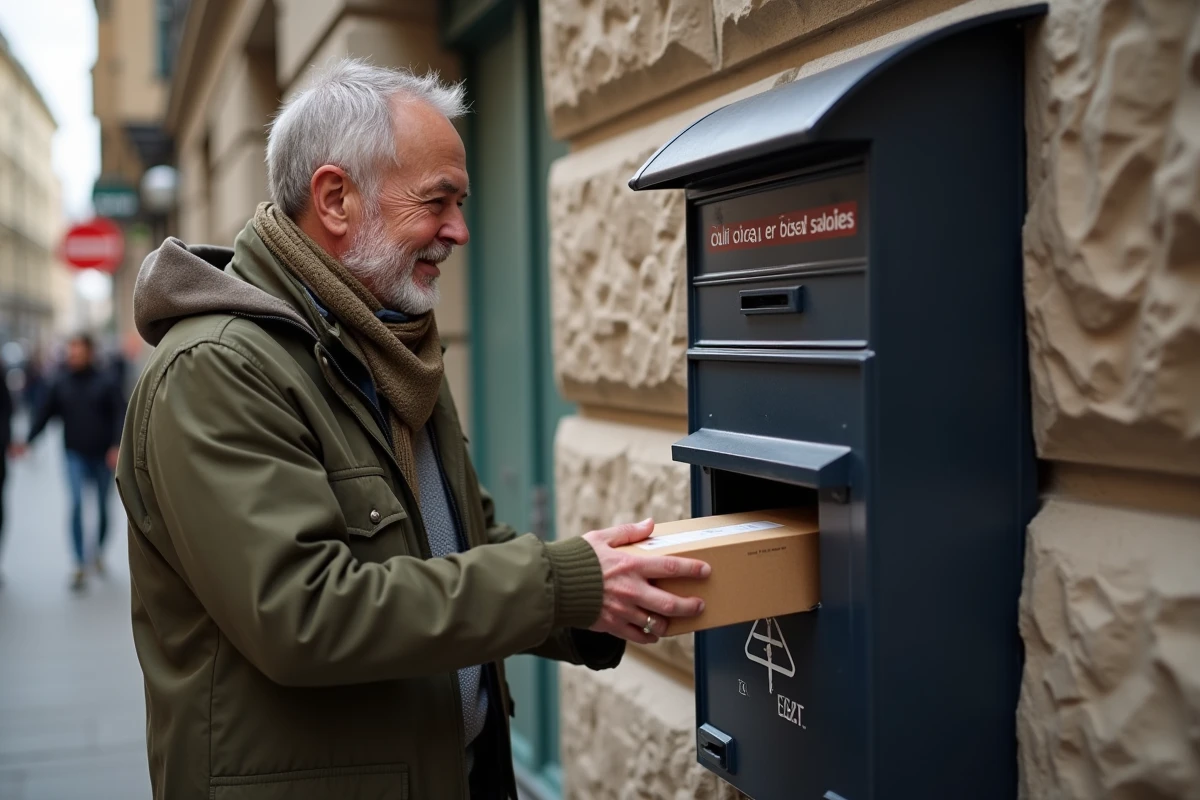 Homme déposé un colis à un point Colissimo devant un agent amical