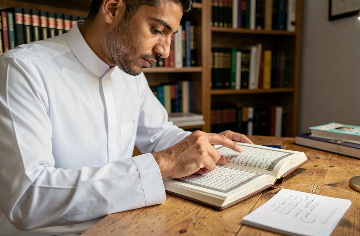 Homme en tobe blanc lisant la sourate Al-Kahf en arabe avec le doigt sur les versets du Coran à un bureau d'étude islamique
