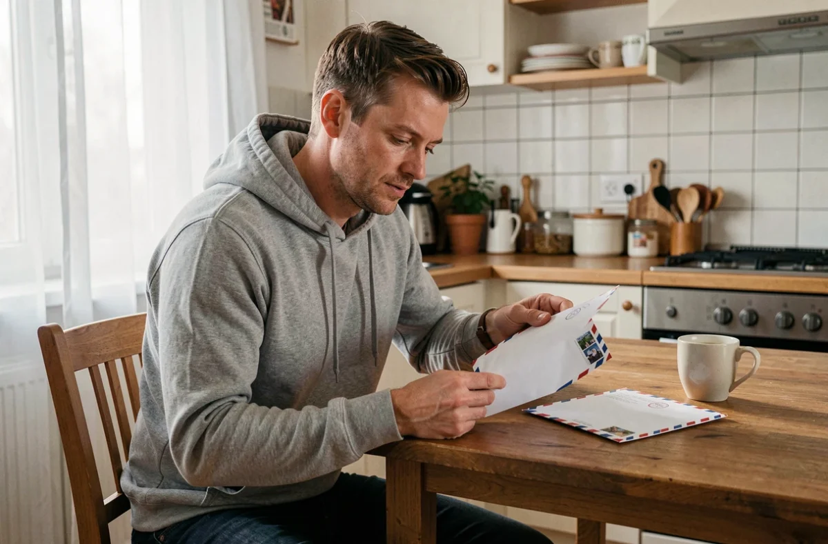 Homme lisant une lettre reçue un jour férié assis dans sa cuisine avec une enveloppe postale sur la table