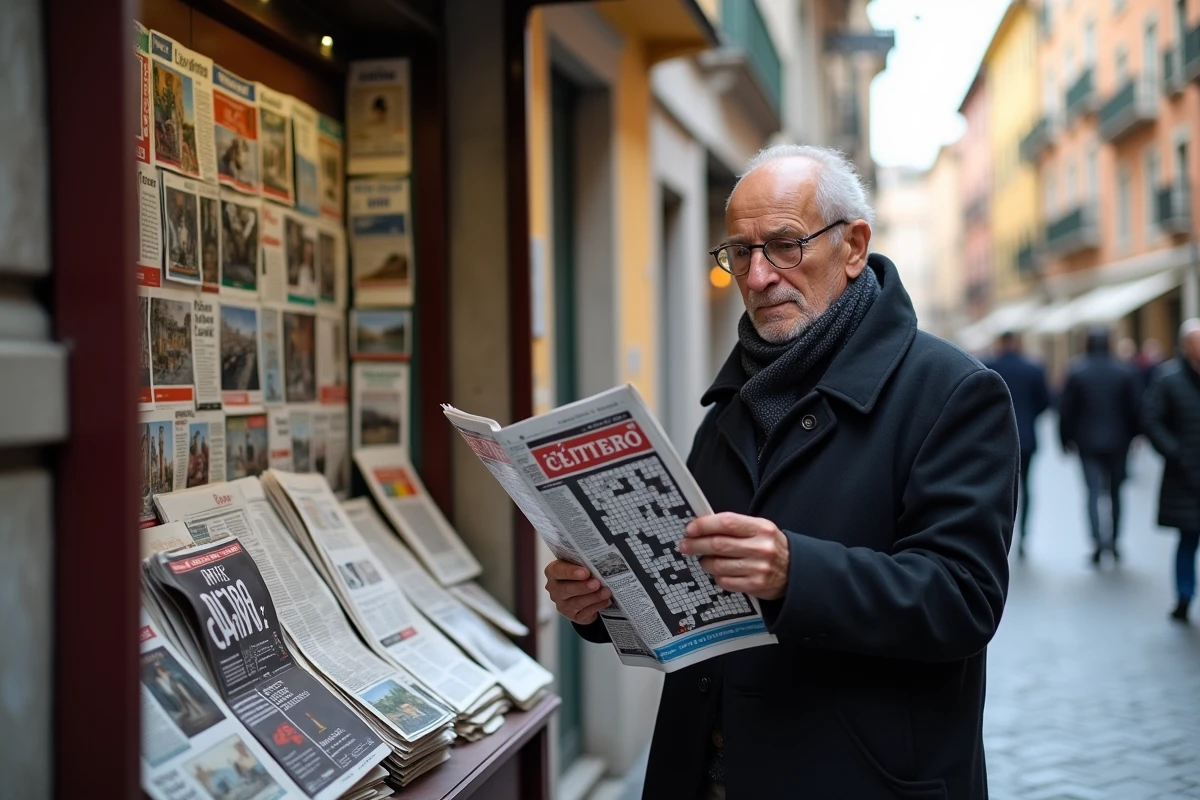 Homme âgé regardant un magazine de mots croises dans la rue italienne