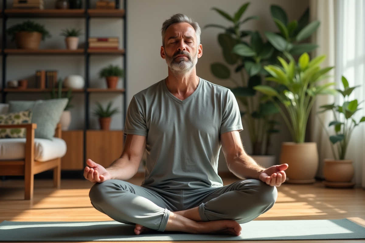 Homme en méditation dans un salon lumineux et cosy