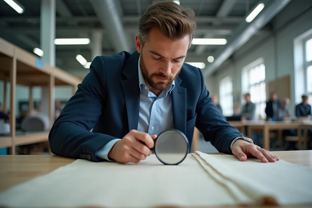 Jeune homme inspectant un tissu avec une loupe dans un atelier