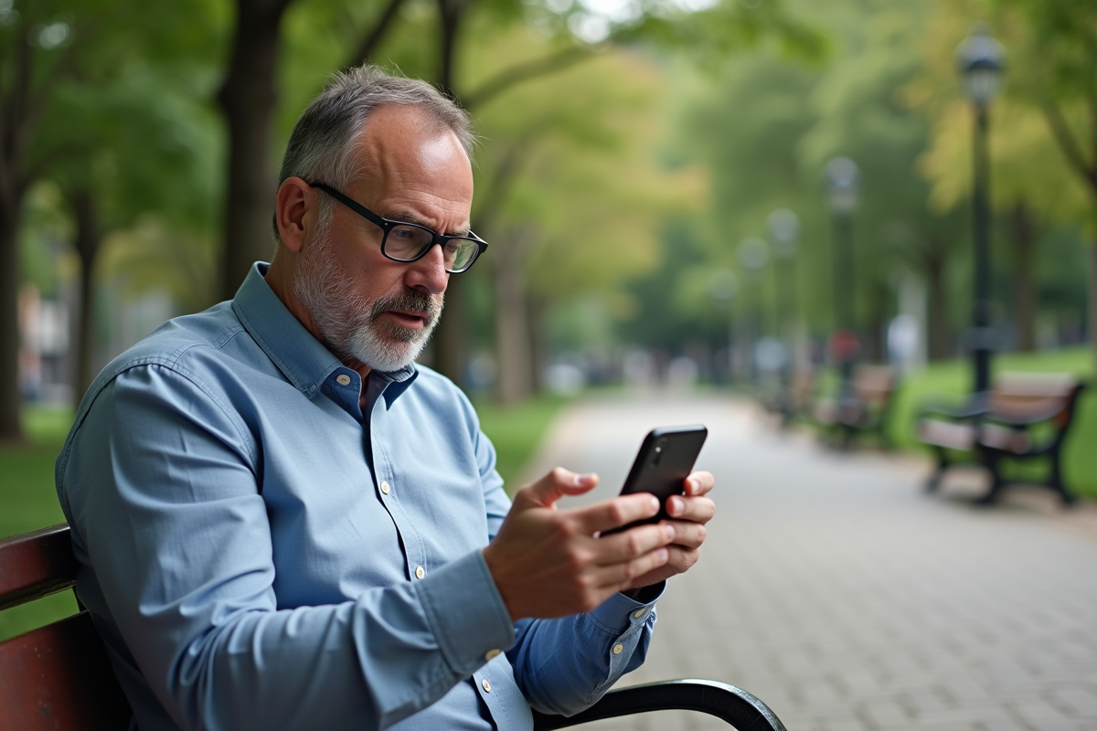 Homme d age moyen examine un appareil dans un parc