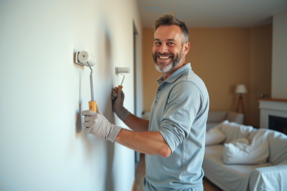 Homme souriant peignant un mur dans son salon
