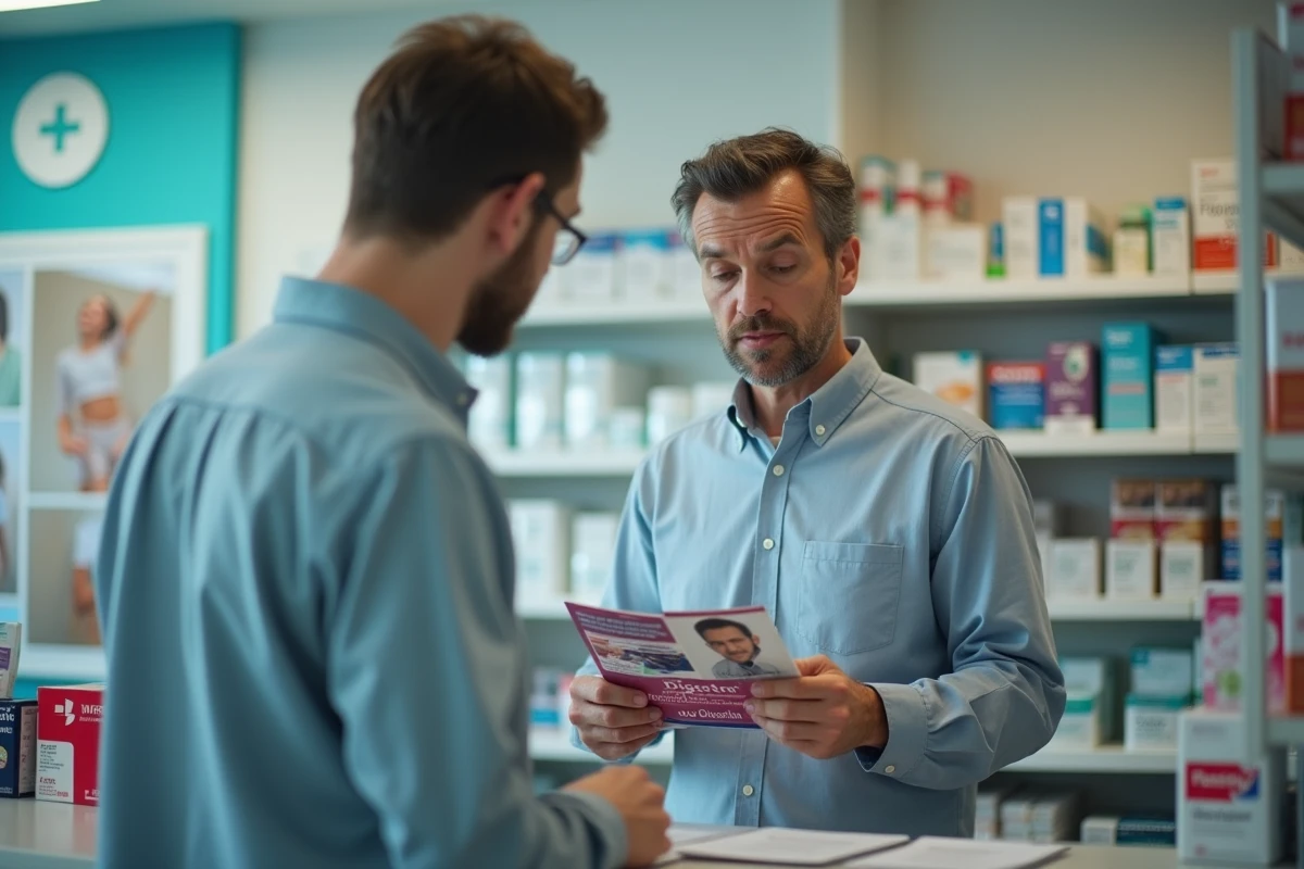 Homme lisant une brochure santé en pharmacie