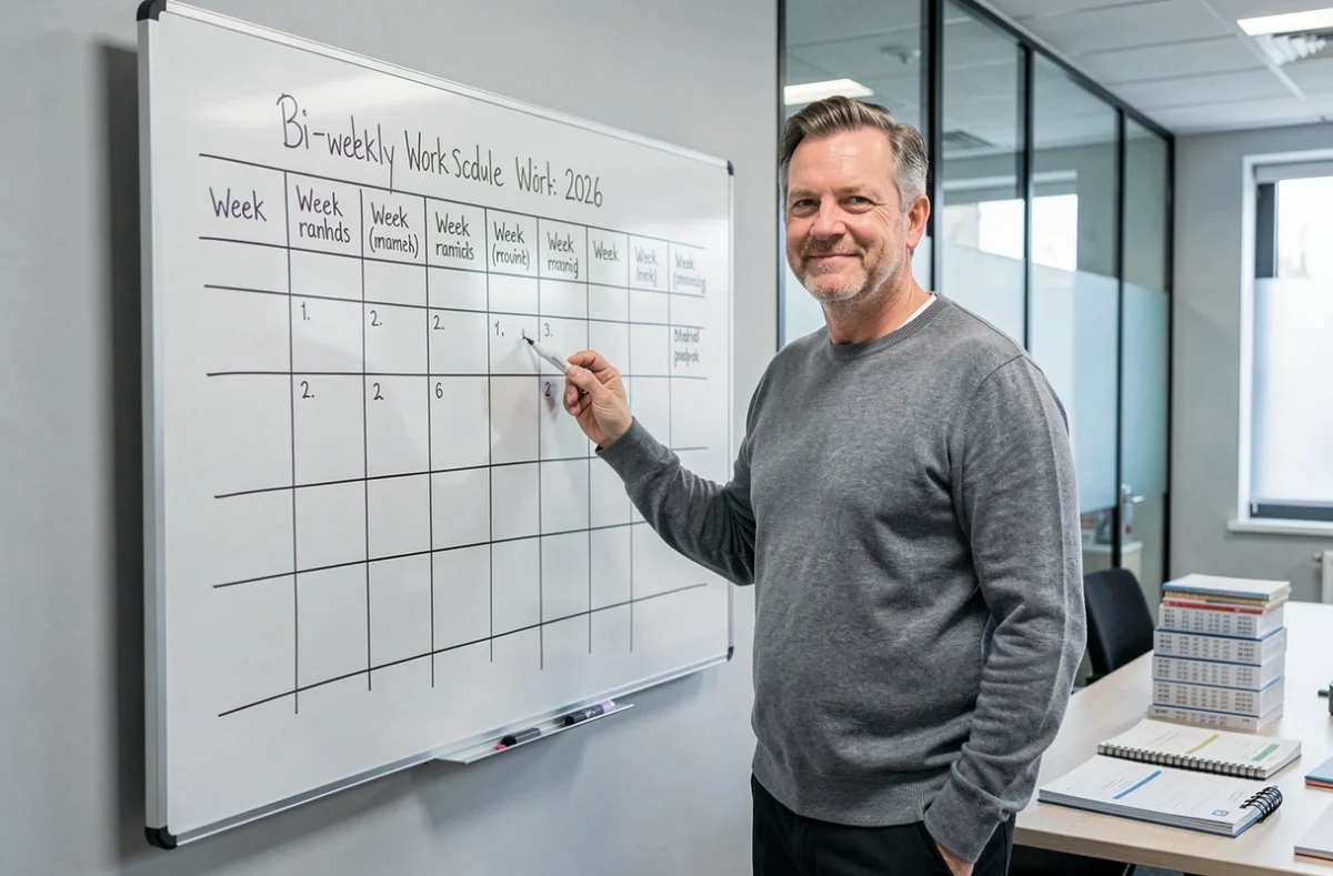 Homme d'affaires écrivant un planning de travail 2026 avec semaines paires et impaires sur un tableau blanc en salle de réunion