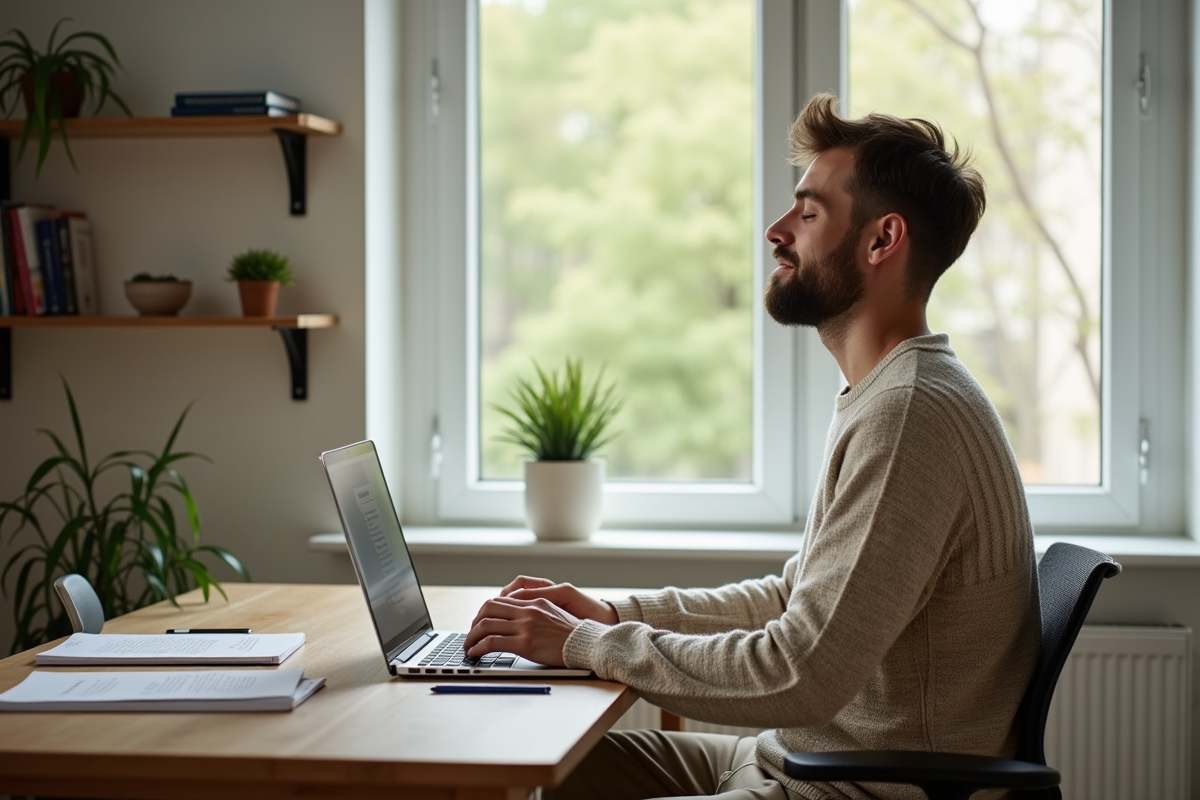 Jeune homme méditant dans un bureau lumineux avec ordinateur ouvert