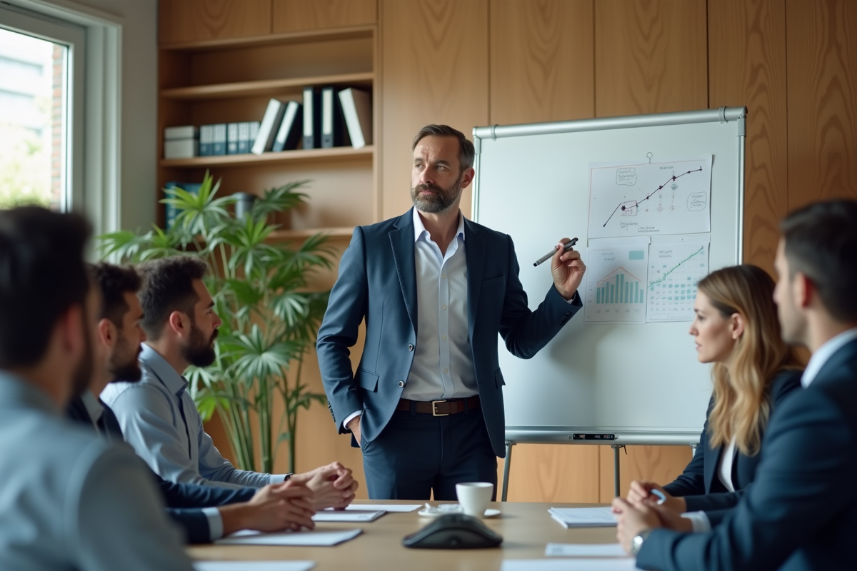 Homme en blazer expliquant un point devant un tableau blanc