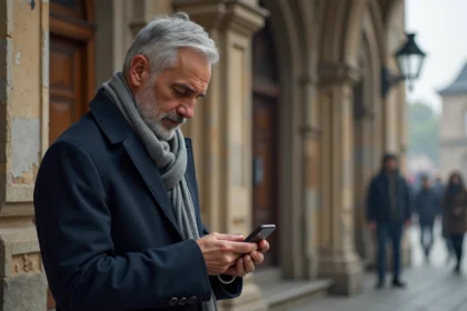 Homme en manteau navy regardant son smartphone devant la mosquee