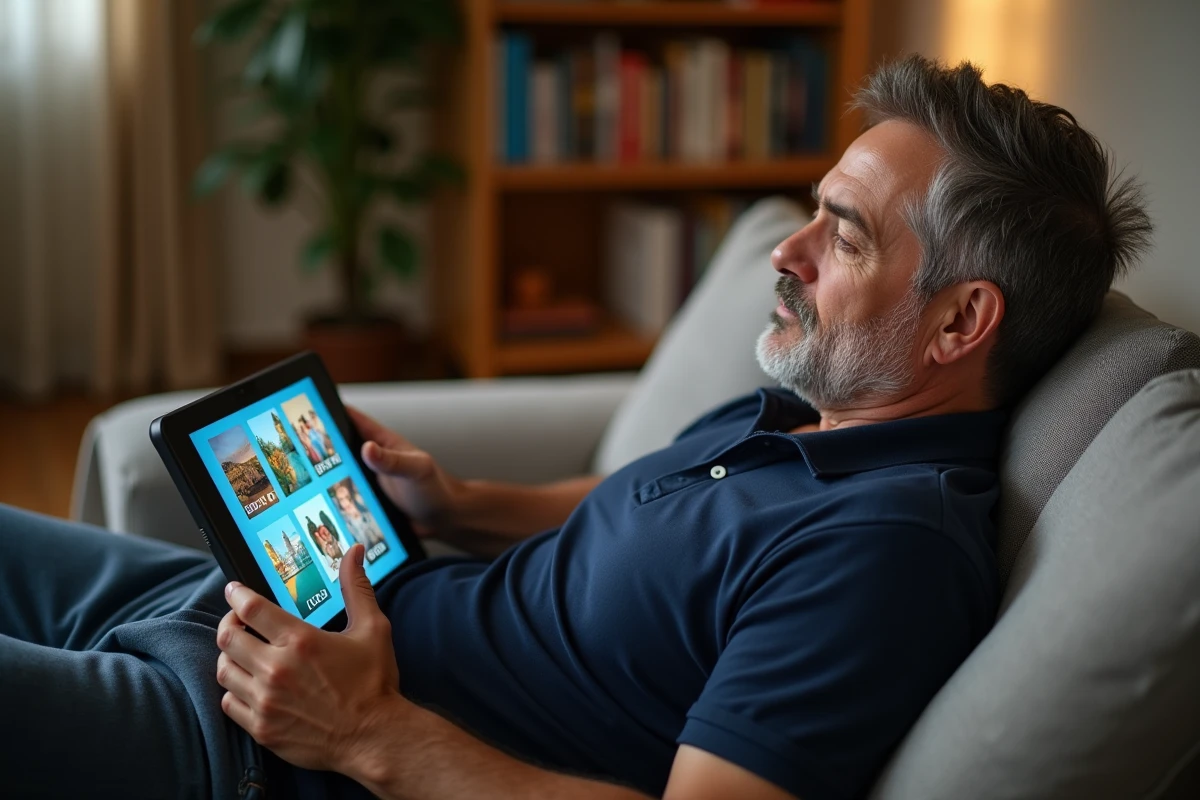 Homme adulte résolvant un puzzle 4 images 1 mot sur tablette dans un salon