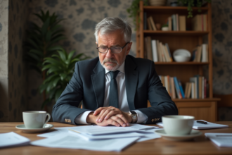 Homme d'âge moyen pensif avec papiers et factures