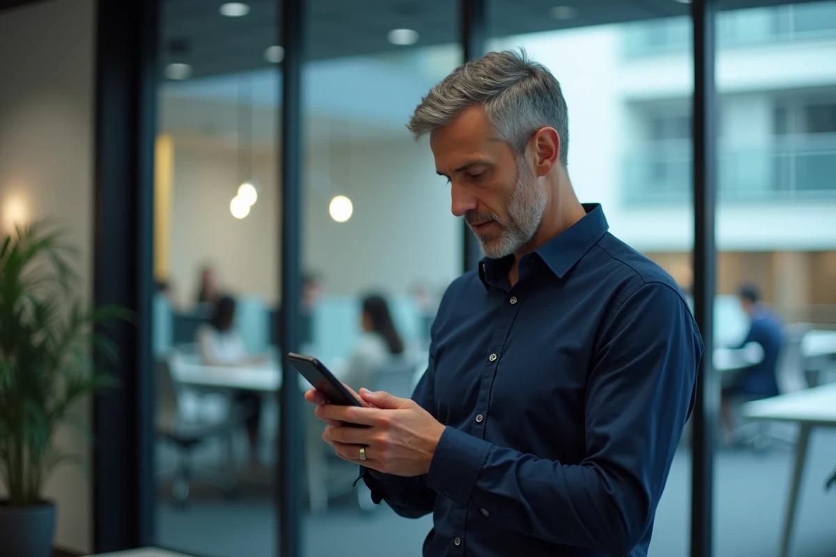 Homme consultant son smartphone au bureau pour joindre le service client Sosh en évitant les heures de pointe