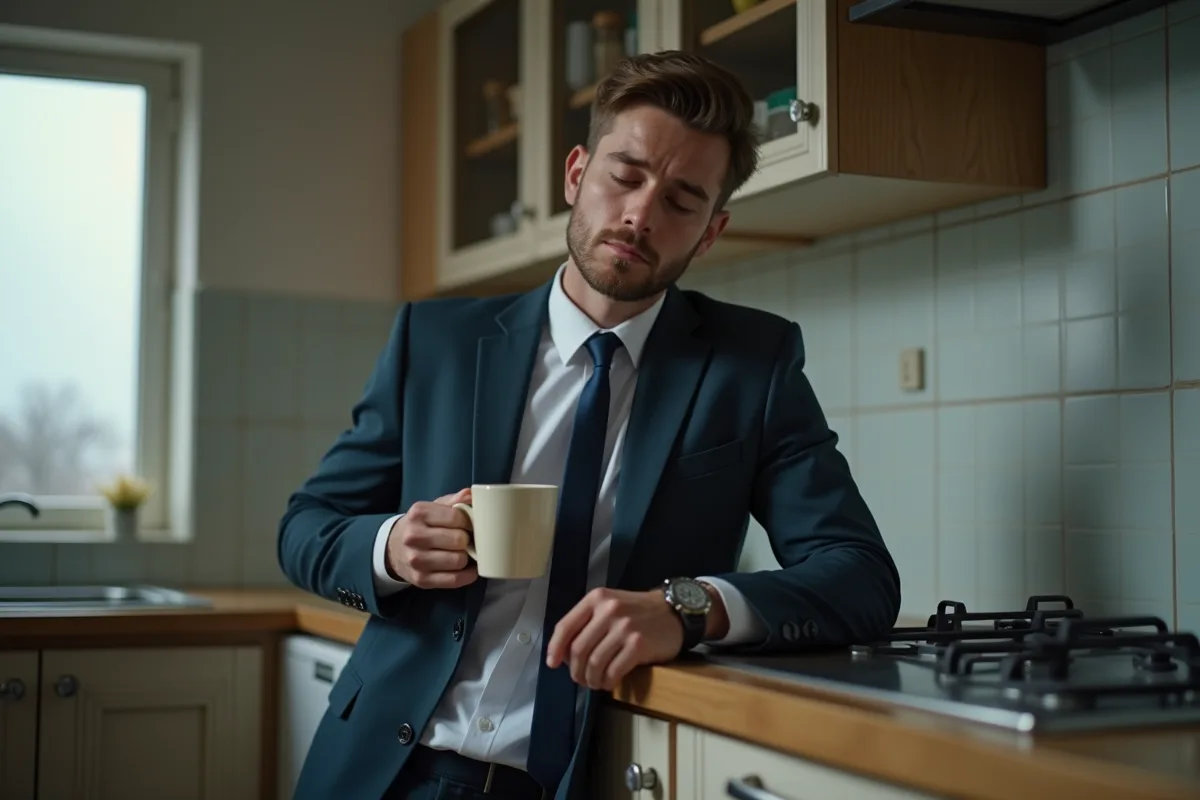 Homme en costume dans une cuisine modeste avec tasse de café