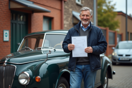 Homme d'âge moyen avec voiture ancienne et papiers d'immatriculation