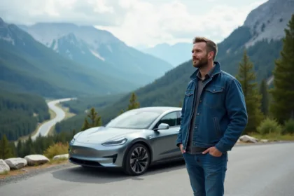 Homme regardant une voiture électrique au sommet de la montagne