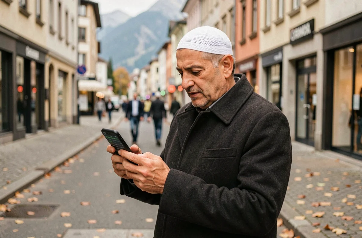Homme consultant les horaires de prière du vendredi sur son téléphone à Grenoble