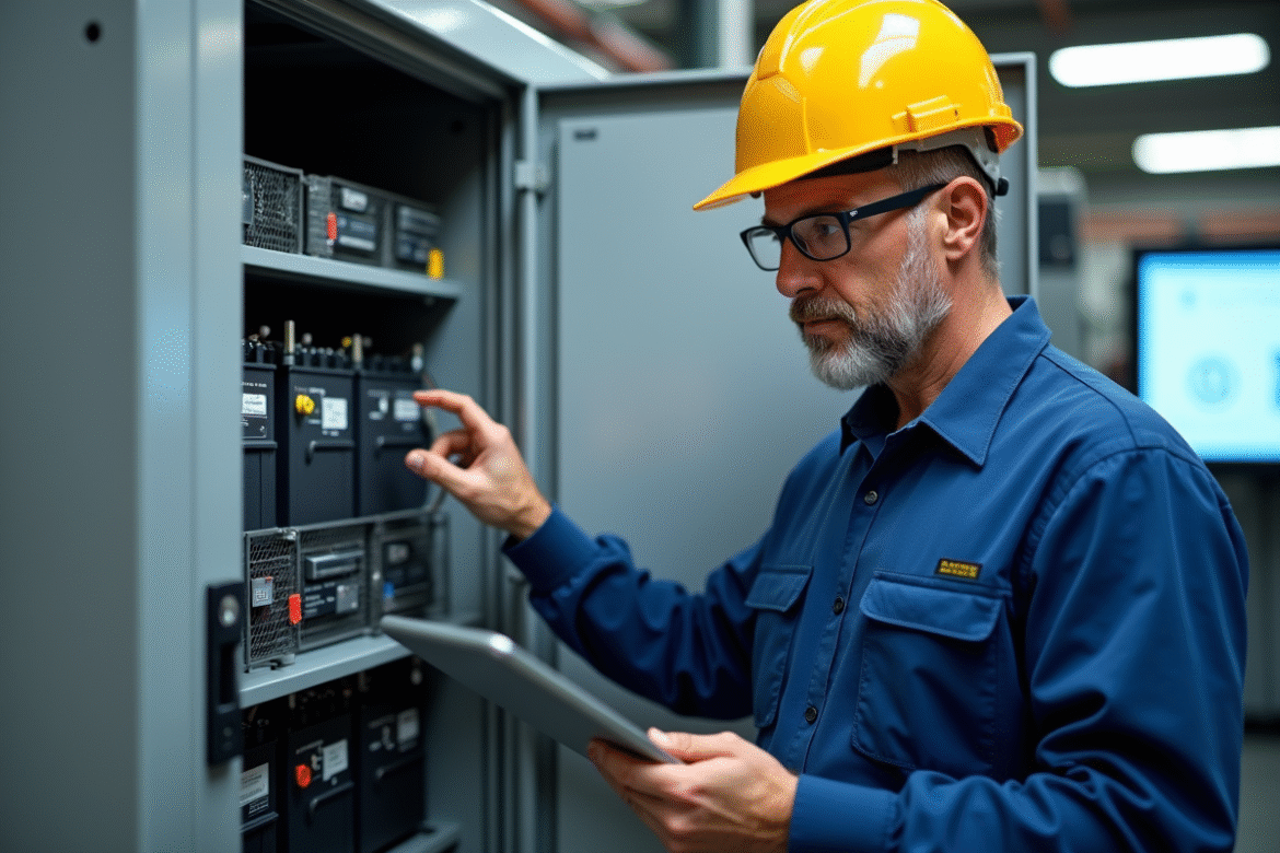 Ingénieur en travail casual examine une batterie industrielle