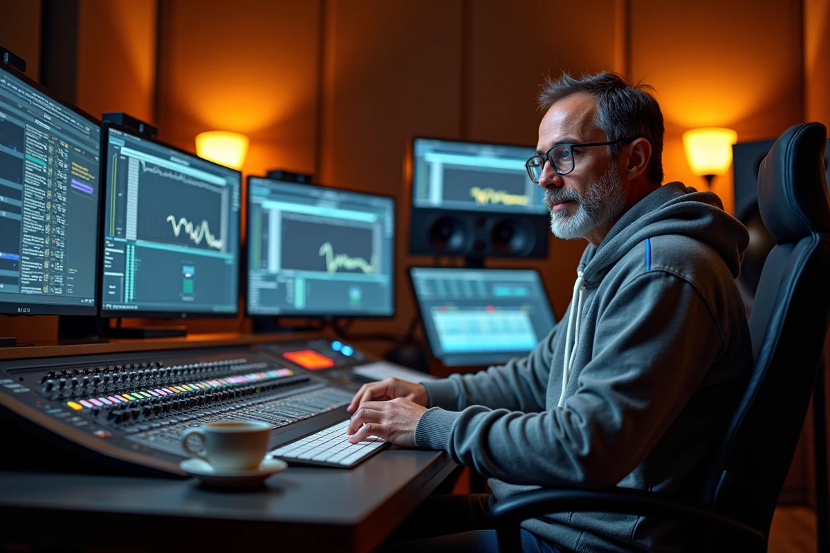 Ingénieur du son travaillant sur une console de mixage professionnelle dans un studio d'enregistrement moderne à Lyon