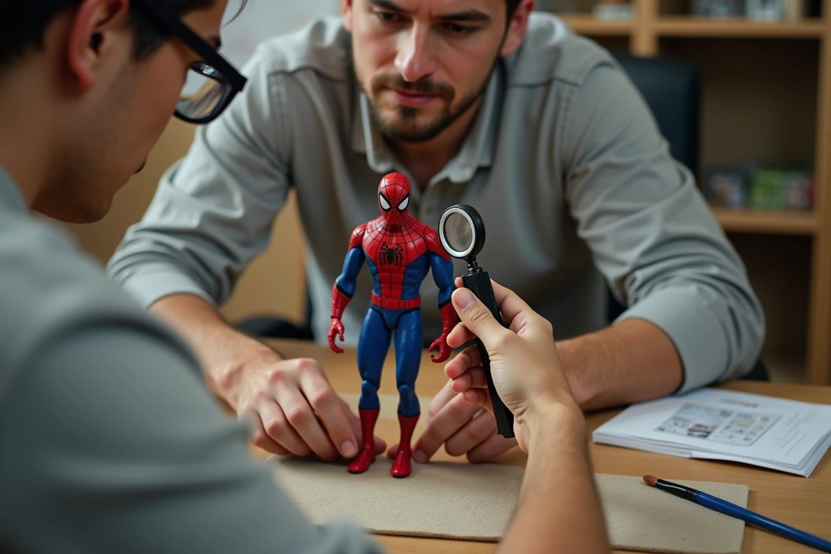 Collectionneur adulte inspectant les détails de peinture d'une figurine Spider-Man avec une loupe sur un bureau en bois