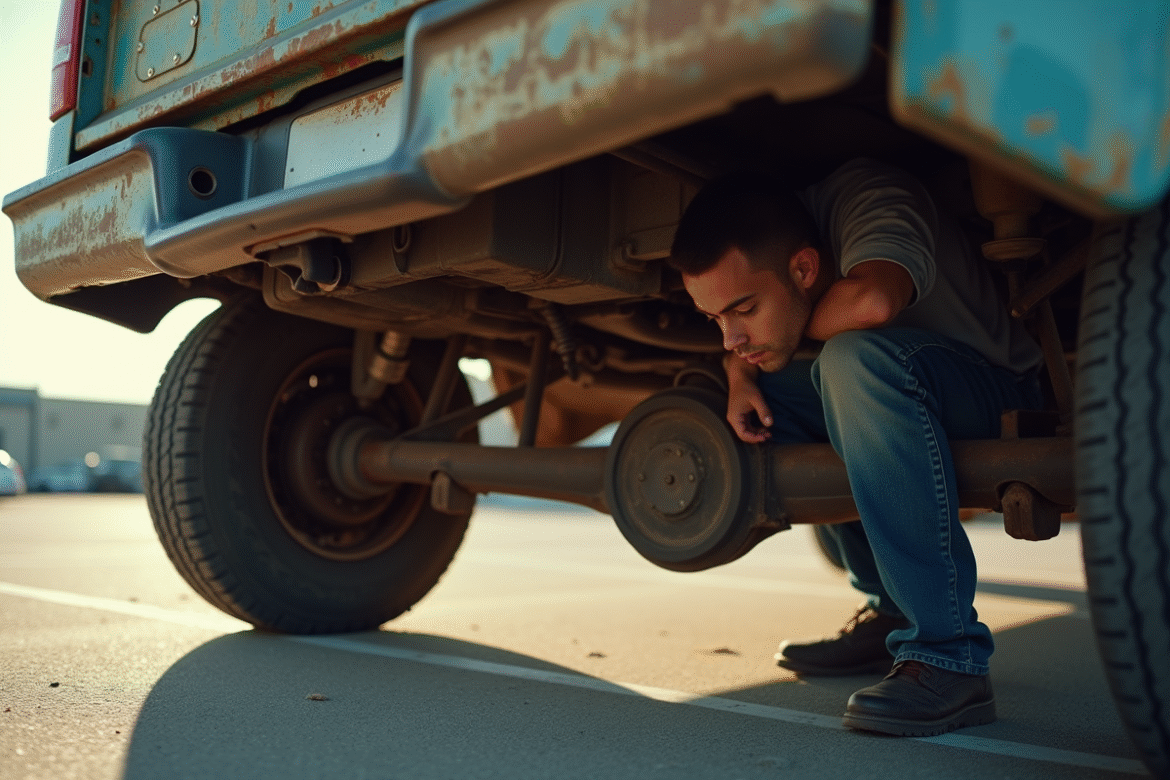Homme inspectant le dessous d'un pickup d'occasion en extérieur