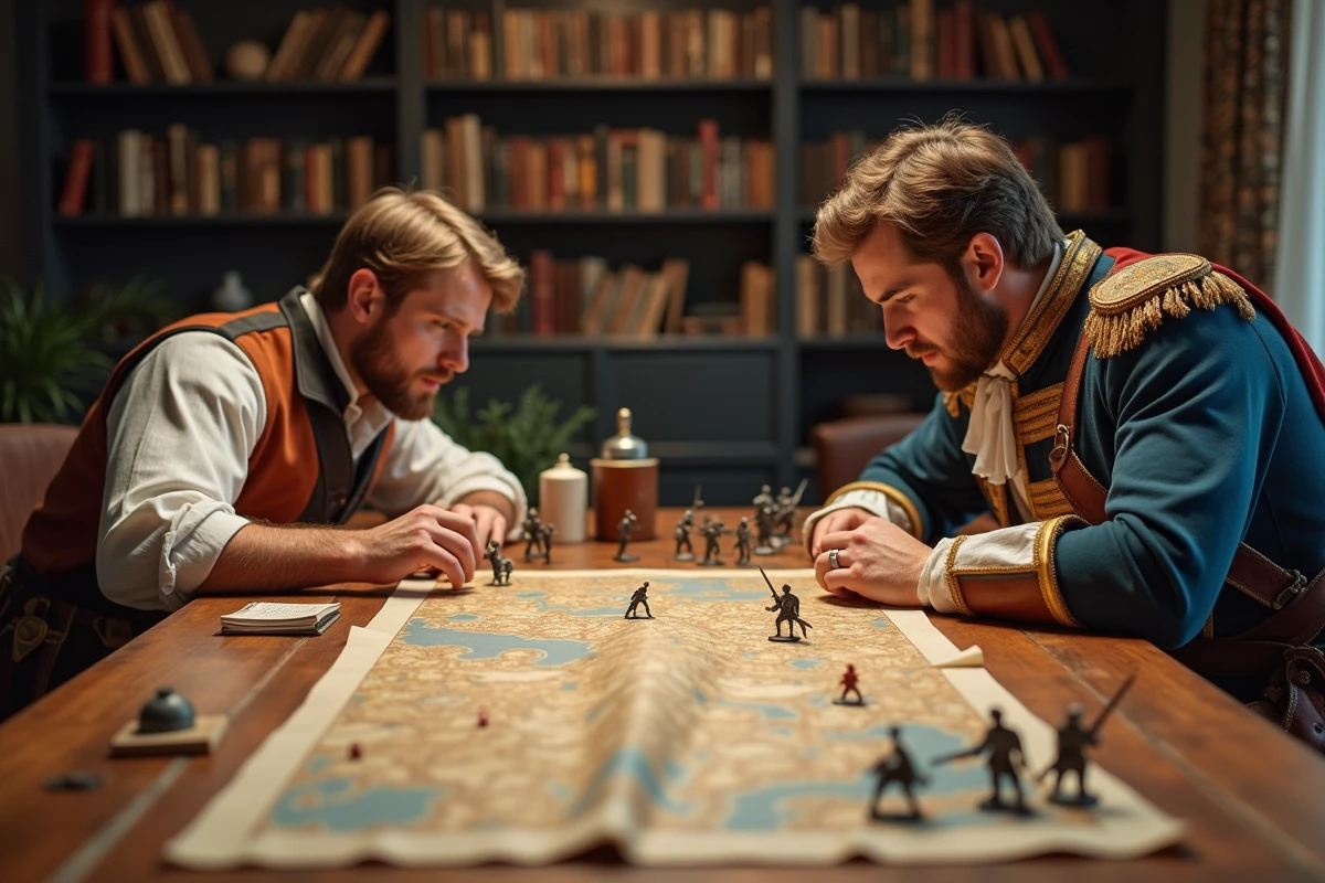 Deux joueurs en costumes napoléoniens participant à une session de jeu de rôle historique autour d'une carte de campagne et de figurines militaires