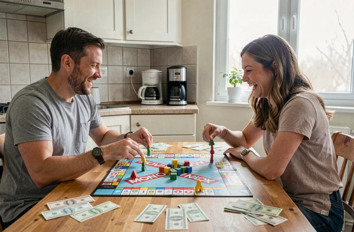 Deux adultes jouant à Monopoly en version physique sur une table de cuisine, ambiance détendue et authentique