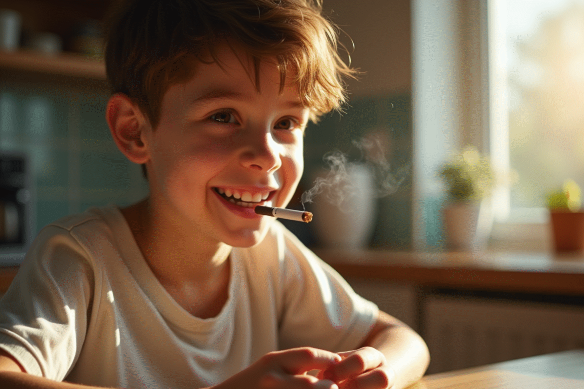 Jeune adulte souriant en brisant une cigarette à la lumière du matin