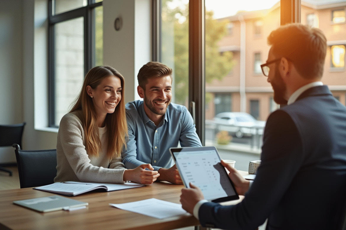 Jeune couple souriant dans une banque moderne pour un prêt immobilier