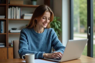 Jeune femme en sweater bleu travaillant à son bureau