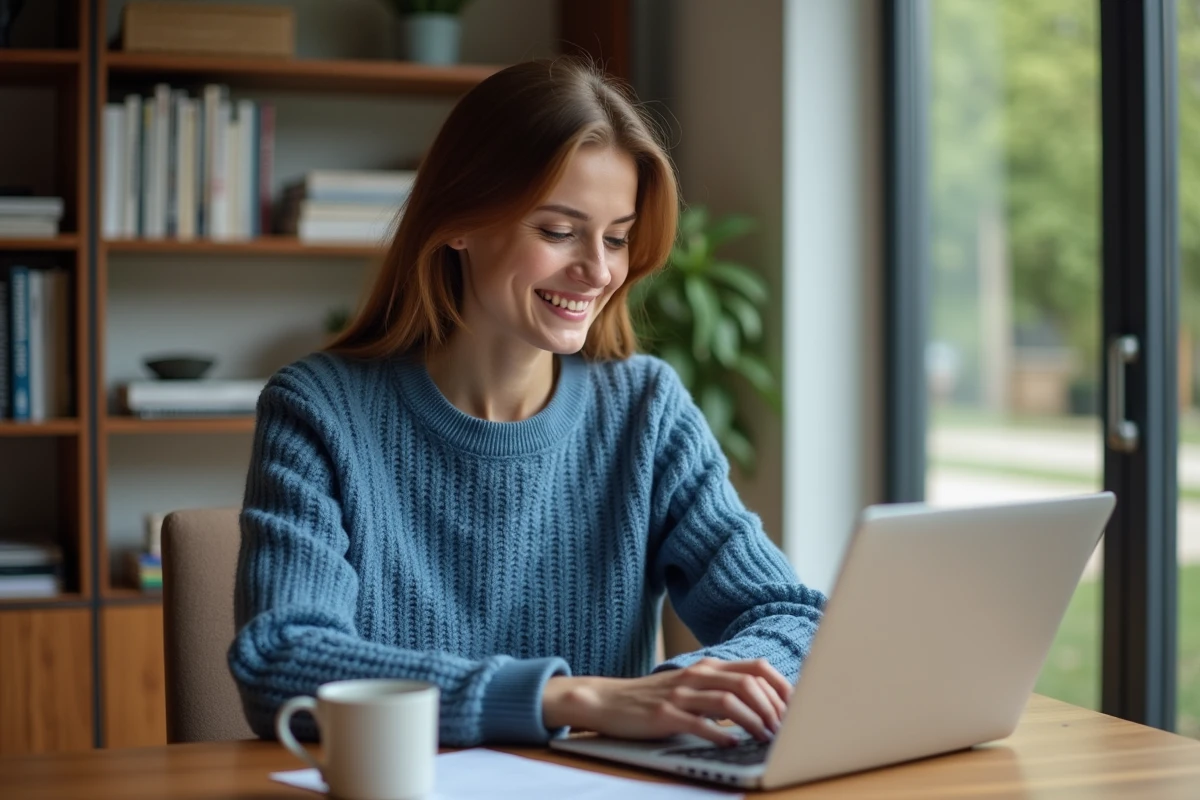 Jeune femme en sweater bleu travaillant à son bureau