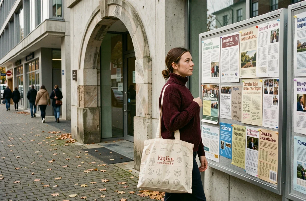 Jeune femme devant un centre interconfessionnel urbain consultant un tableau d'affichage multiculturel illustrant la rencontre entre traditions religieuses et vie moderne en 2026