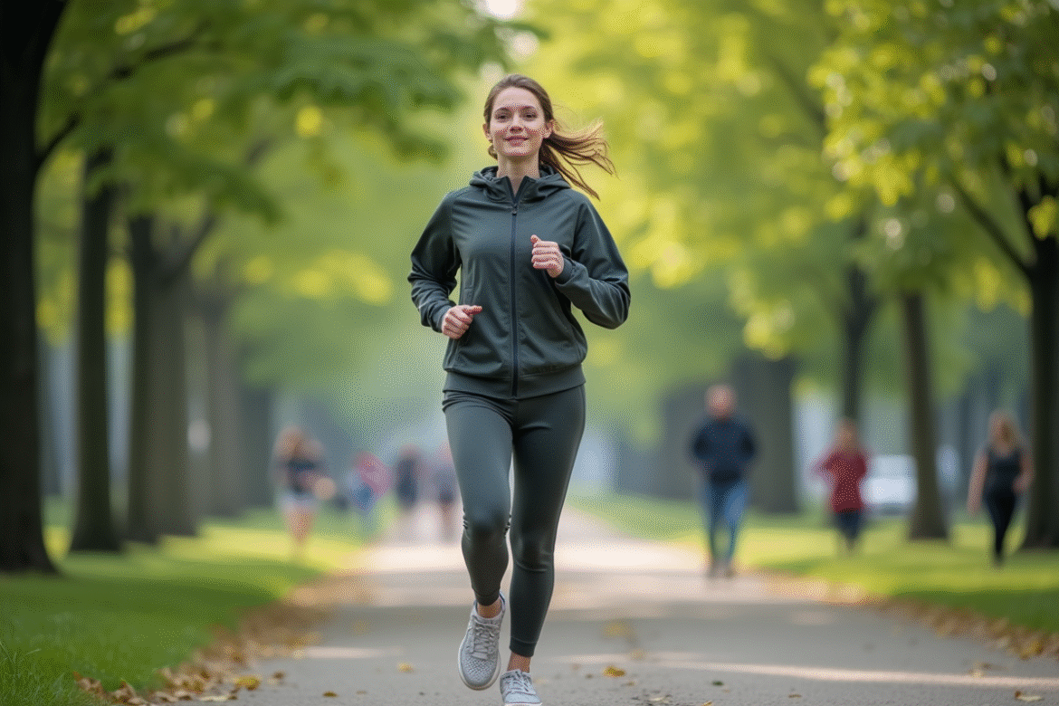 Jeune femme en jogging dans un parc urbain matin
