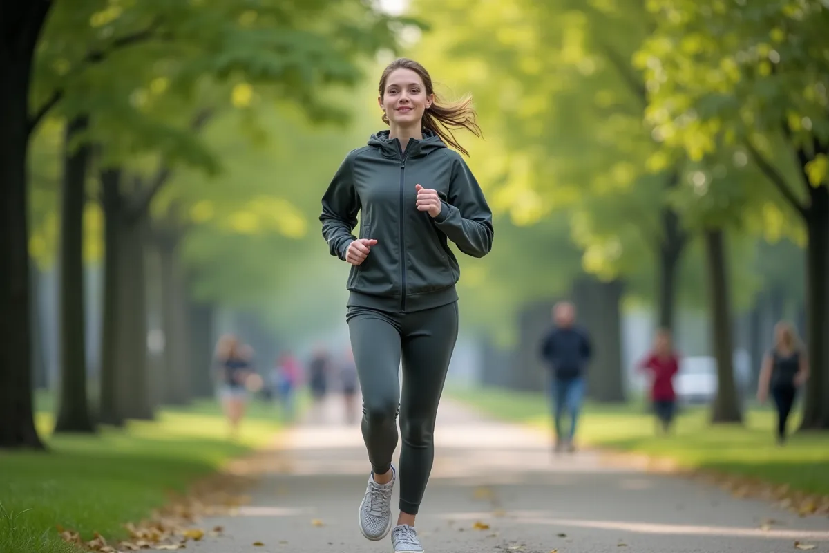 Jeune femme en jogging dans un parc urbain matin
