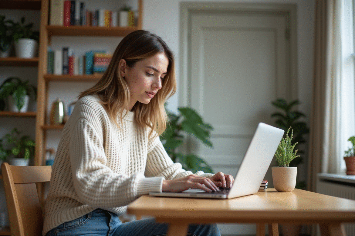Jeune femme lisant un article sur un ordinateur portable à la maison