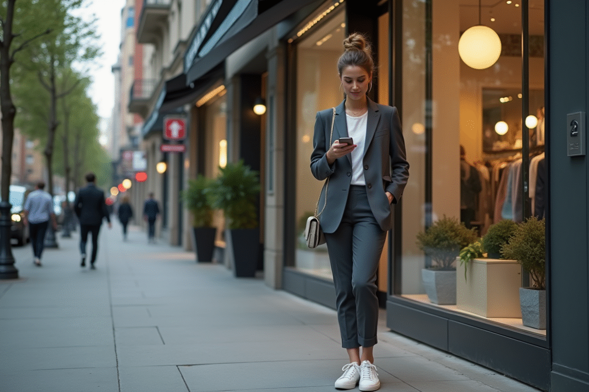 Jeune femme en costume moderne et sneakers dans la rue urbaine