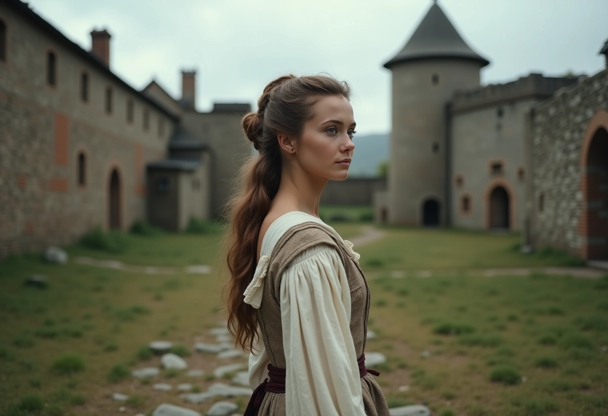 Jeune paysanne dans un village médiéval en ruines
