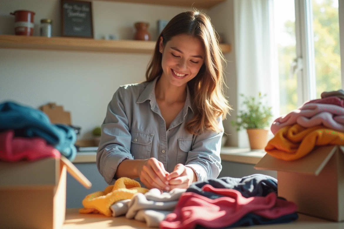 Jeune femme joyeuse triant des vêtements d'occasion dans la cuisine