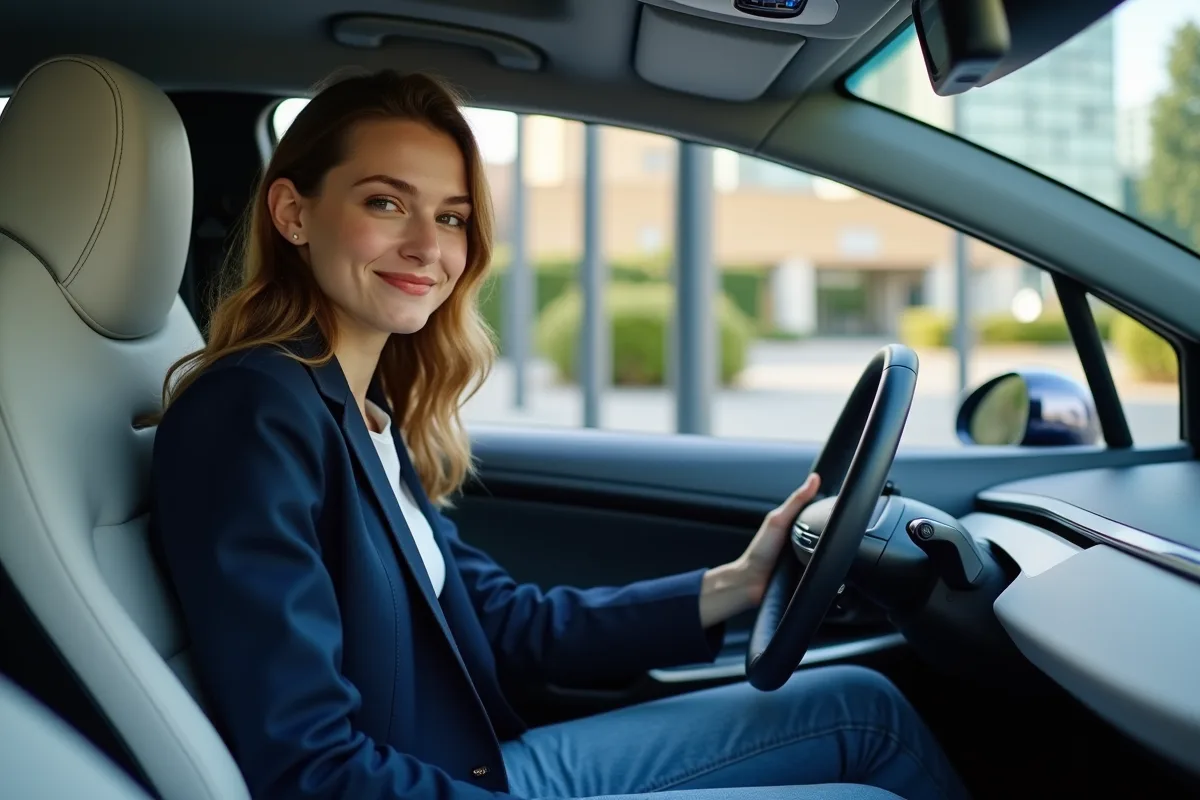 Jeune femme en blazer navy dans une voiture électrique futuriste